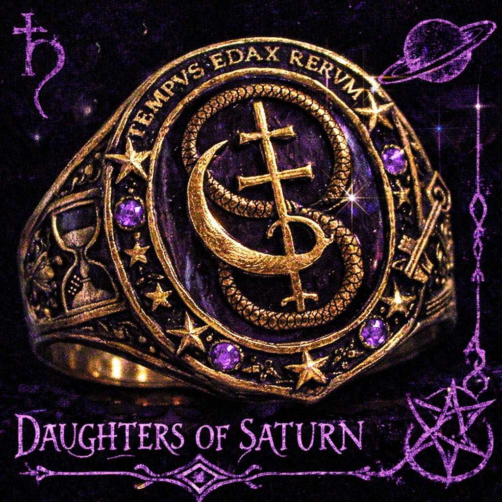 Diagram of the Daughters of Saturn ring showing Saturn sigil, hourglass, ouroboros serpent, key, six stars, and Latin inscription TEMPUS EDAX RERUM around the rim